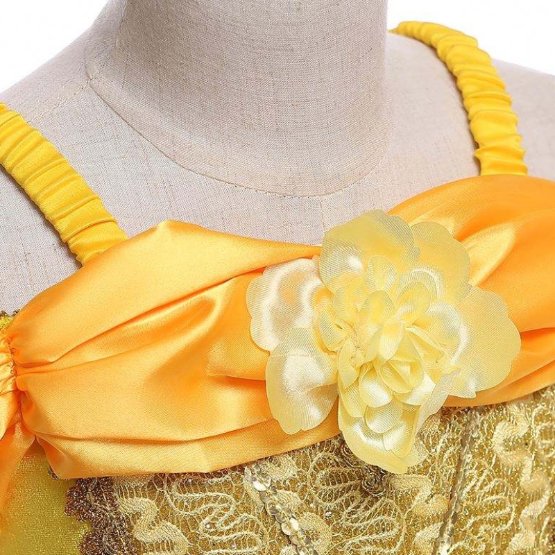 Baige New Design Kids Costume Girls Dress Imames със снимки принцеса Belle Long Rown Puffy Yellow Ressing SMR023