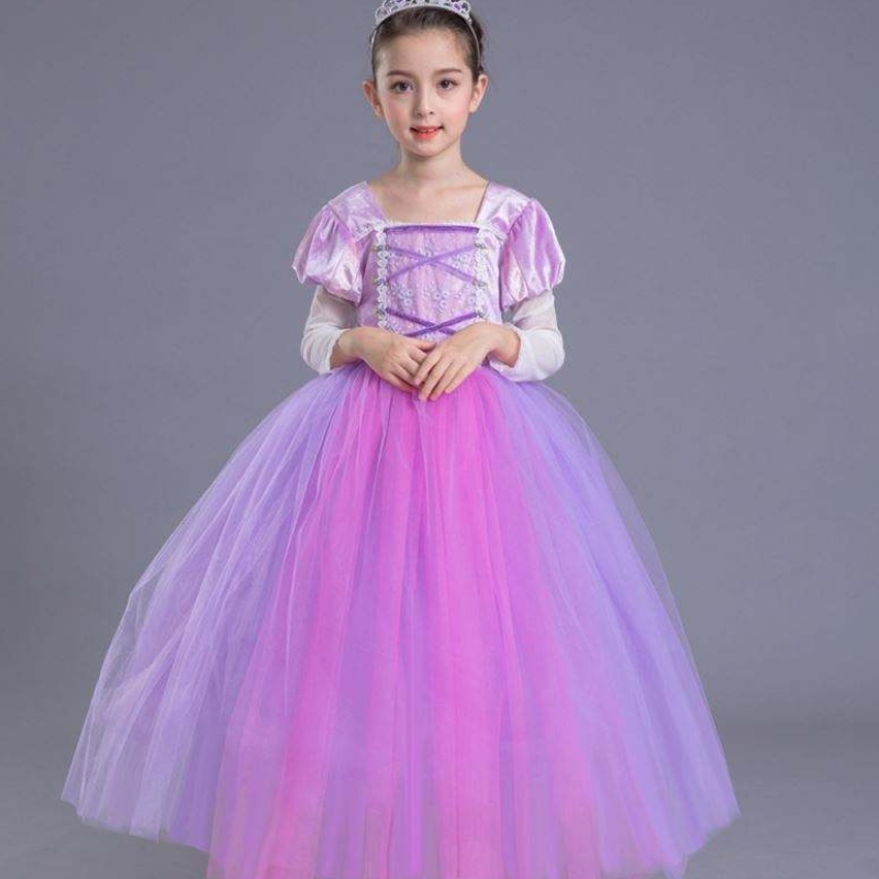 На едро висококачествена деца Purple Rapunzel Дълъг подпухнала софия принцеса рокля за момичета SMR020