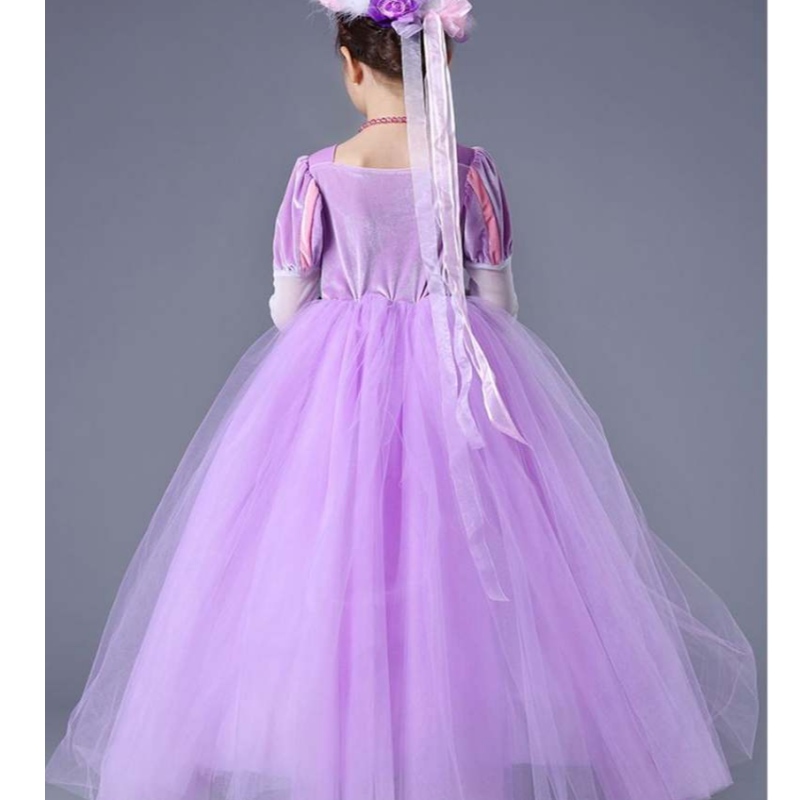 На едро висококачествена деца Purple Rapunzel Дълъг подпухнала софия принцеса рокля за момичета SMR020