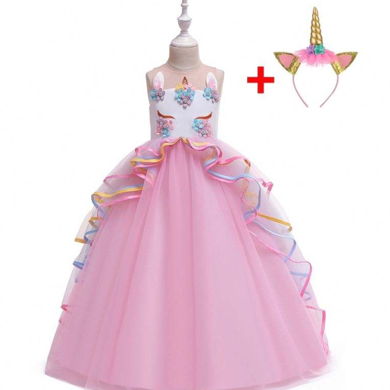 Baige 3-15 години момиче еднорог парти рокли Ruffles Kids Clothing Costume Rishing Party рокля