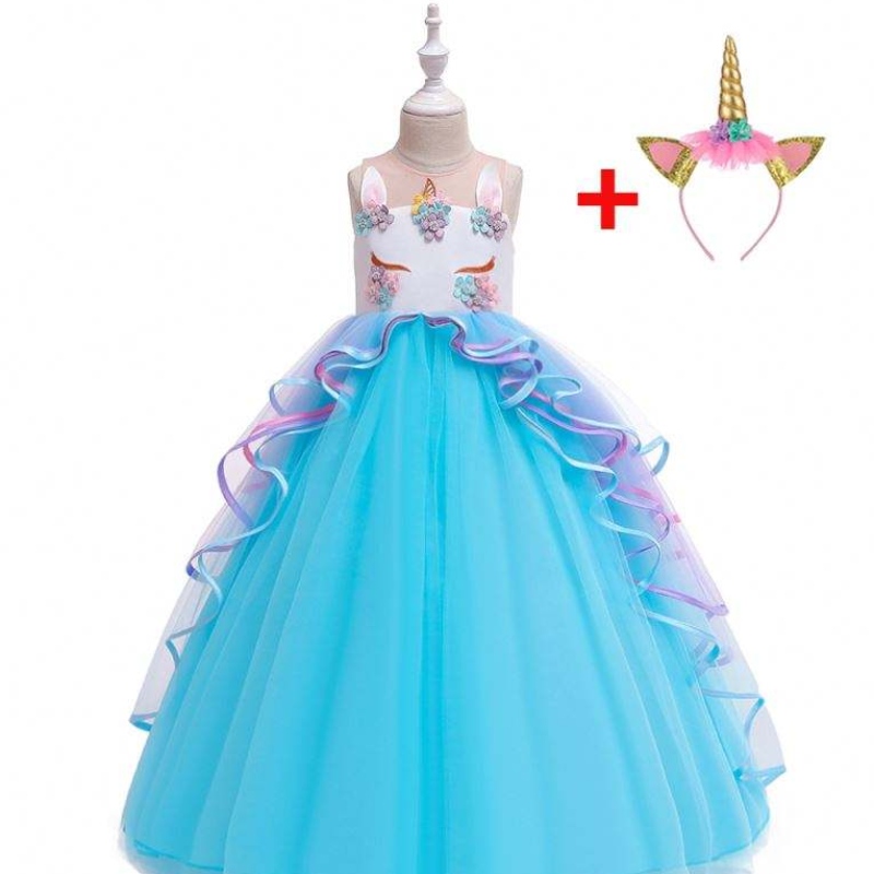 Baige 3-15 години момиче еднорог парти рокли Ruffles Kids Clothing Costume Rishing Party рокля
