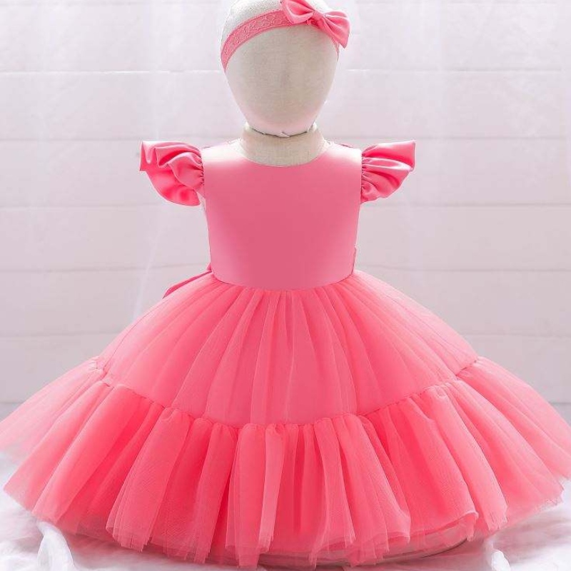 Baige Mesh Satin Princess Girls Dirlous Birthday рокли прекрасни момиче парти бебета рокли дизайни за кръщение с лента за глава