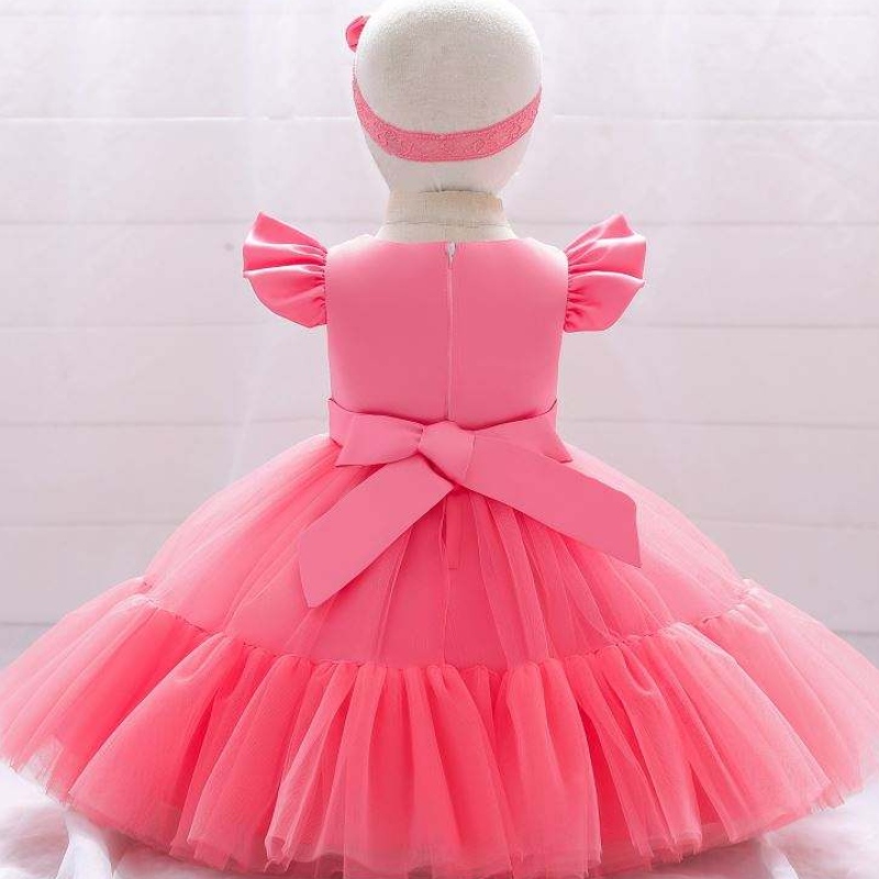 Baige Mesh Satin Princess Girls Dirlous Birthday рокли прекрасни момиче парти бебета рокли дизайни за кръщение с лента за глава
