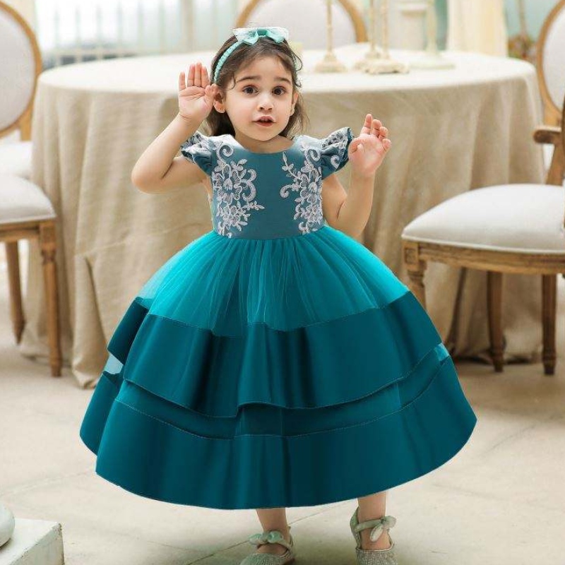 Baige Fashion Flower Listline Kids Clothing Party Носете флорални отпечатани деца момиче бутикова рокля за момиче 0-2 години