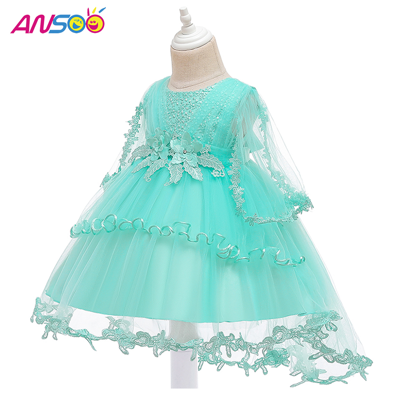 Ansoo Princess Flower Girl Dress Summer Tutu Сватбен рожден ден парти детски рокли за момичета Деца костюм тийнейджър Пророден дизайн