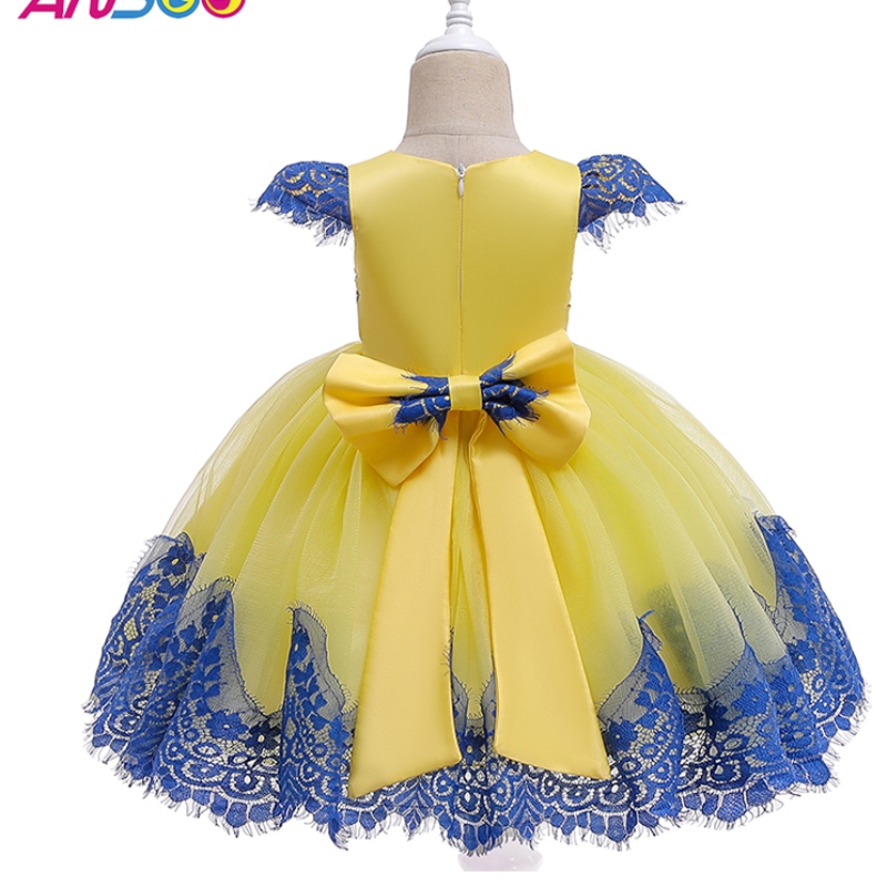 Ansoo Baby Girls Puff Sleeve Retro Party Жълта рокля Деца принцес лък Лято Туту рокли за момичета деца