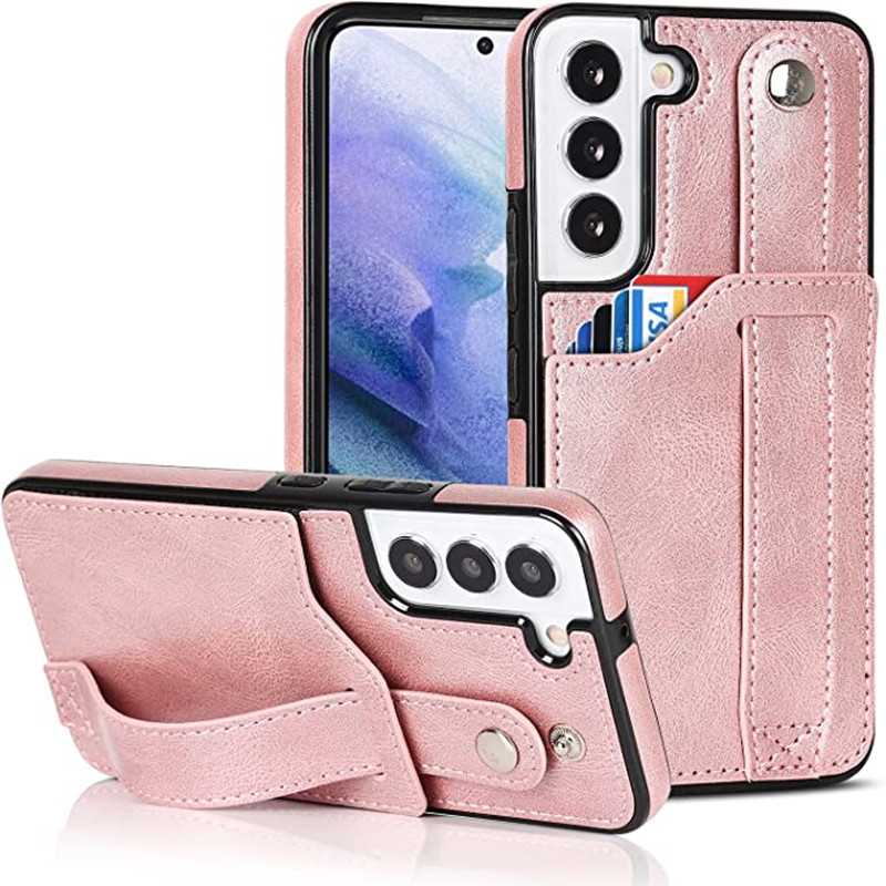 Проектиран за калъф Samsung Galaxy S22 5G портфейл с регулируема каишка за китка Kickstand PU кожа Притежател на кредитна карта Тежка ударна хибридна здрава защитна покривка за жени мъже 6,1 инчов розов