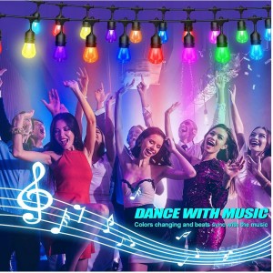 48 фута цвят Промяна на външни струнни светлини, 15 LED крушки Shatterproof Dimmable, IP65 Waterproof, RGBW мигащи струнни светлини с RF дистанционно, деко...