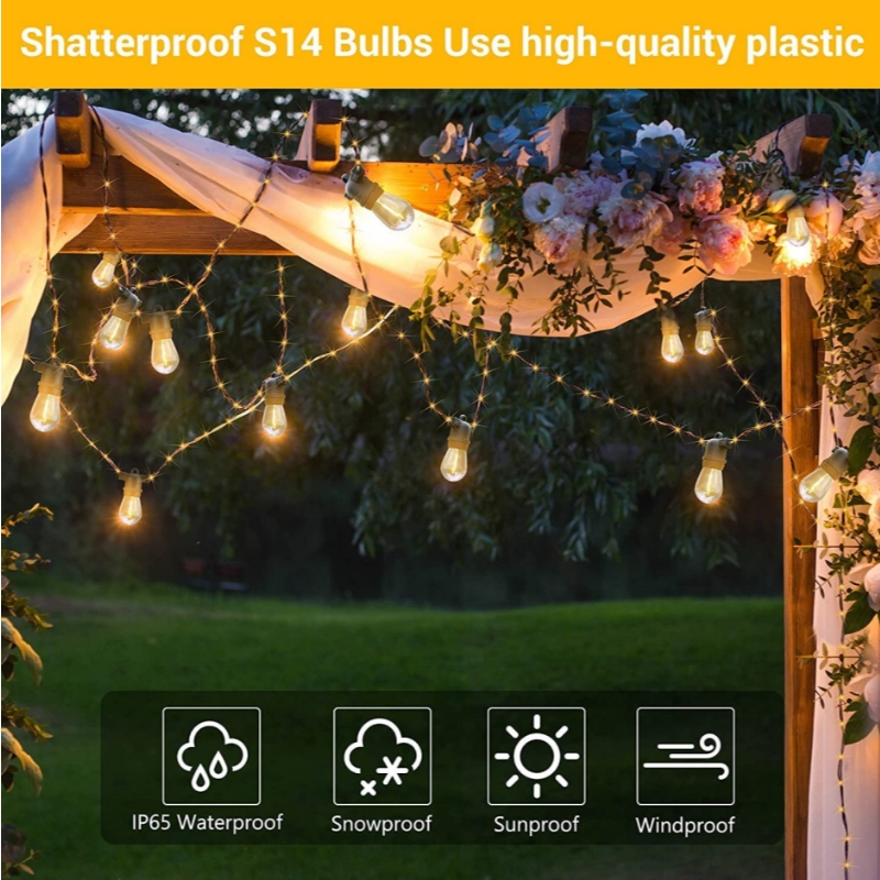 48 фута слънчеви светлини на външни RGB String, Dimmable Patio String Lights с 2 дистанционно управление, слънчеви струни Светлини Водоустойчиви с 15 висящи крушки светлини, задушими за градина, парти, парти