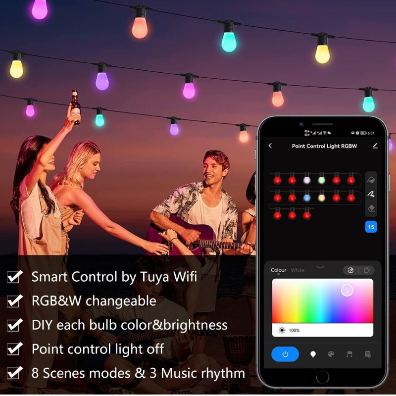 Smart Color String Lights, 48ft Smart Patio Lights RGBW LED светлини на струни, App&WiFi Control, работи с Alexa, цветни смяна на струнни светлини с омагьосани 15 LED крушки, IP65 водоустойчив