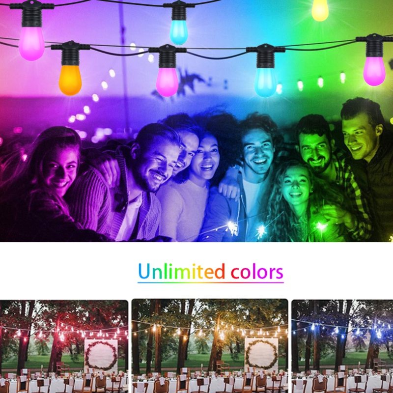 Smart Color String Lights, 48ft Smart Patio Lights RGBW LED светлини на струни, App&WiFi Control, работи с Alexa, цветни смяна на струнни светлини с омагьосани 15 LED крушки, IP65 водоустойчив