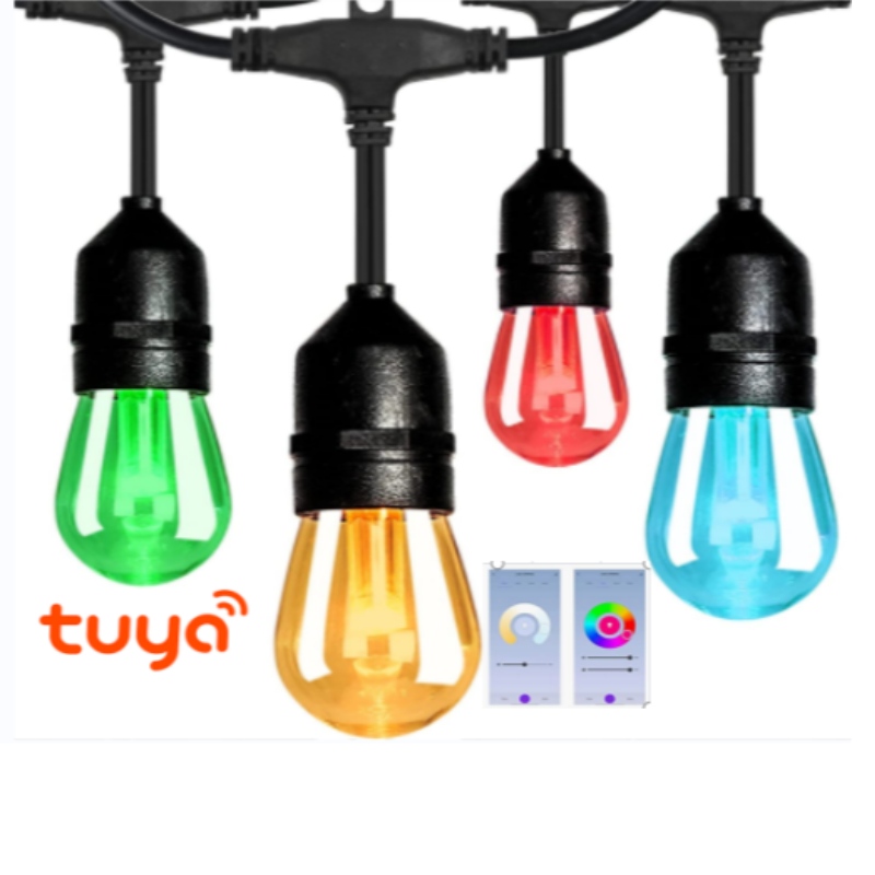 Smart Color String Lights, 48ft Smart Patio Lights RGBW LED светлини на струни, App&WiFi Control, работи с Alexa, цветни смяна на струнни светлини с омагьосани 15 LED крушки, IP65 водоустойчив