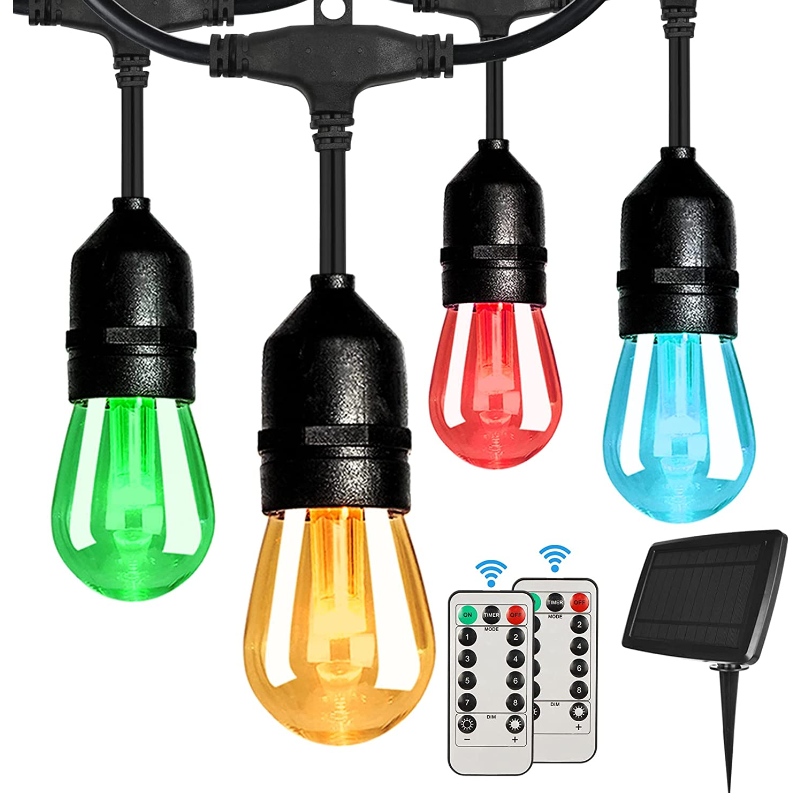 48 фута слънчеви светлини на външни RGB String, Dimmable Patio String Lights с 2 дистанционно управление, слънчеви струни Светлини Водоустойчиви с 15 висящи крушки светлини, задушими за градина, парти, парти