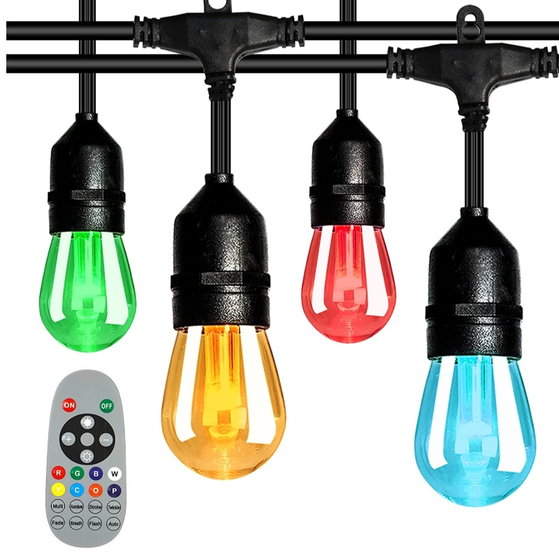 48 фута цвят Промяна на външни струнни светлини, 15 LED крушки Shatterproof Dimmable, IP65 Waterproof, RGBW мигащи струнни светлини с RF дистанционно, декоративни светлини за вътрешен двор градина