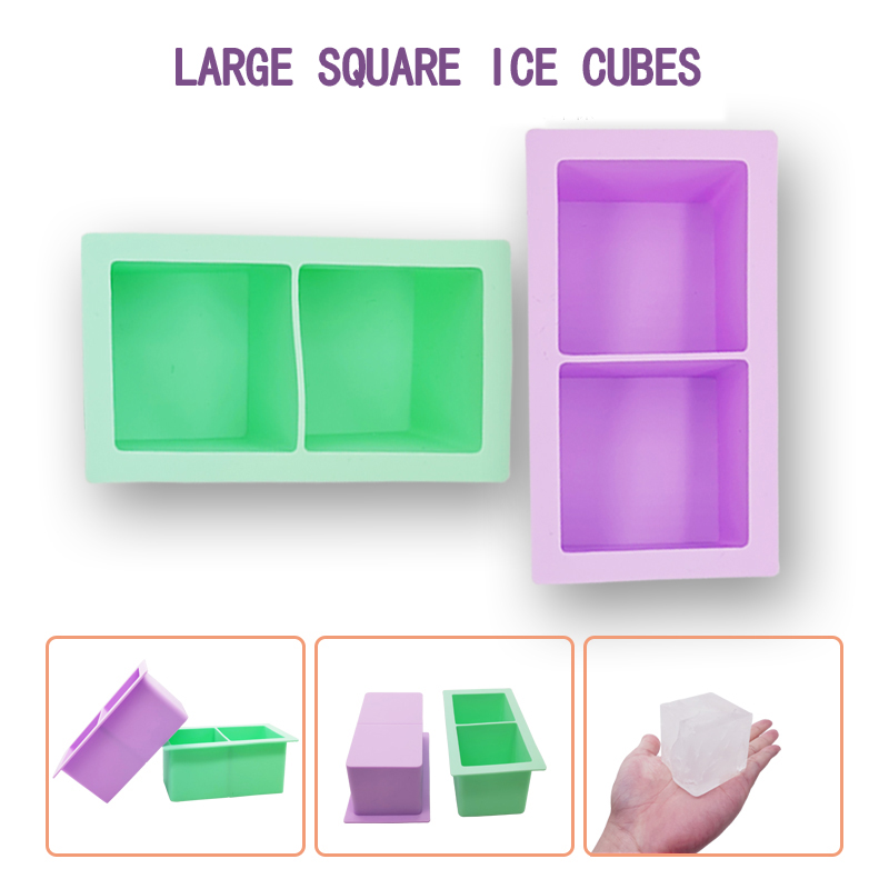 Силикон за табла за ледено кубче, 2 дупки ледени кубчета, квадратна ледена тава, ледена плесен, тава за кубчета за лед за хладилник, голяма ледена плесен за коктейл и бърбън, сок, бебешка храна, тава за кубче за фризер, BPA безплатно. Подаръчен комплект