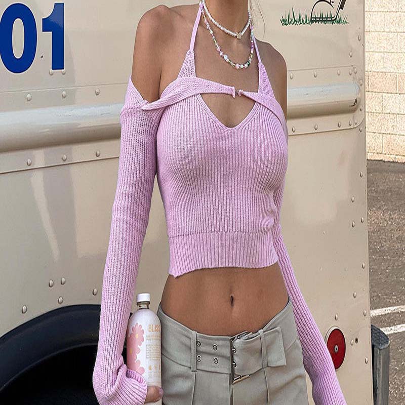 Фабрика по поръчка 2023 лятно розово врата неправилно халтер врата с дълъг ръкав секси мода къс плетен женски пуловер