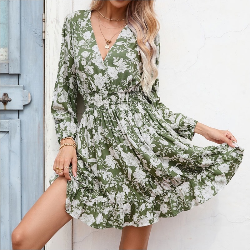 Bohemia Beach-Bear Ress French Sexy Deep V-Neck Floral Print Skimming Ваканционни рокли за жени