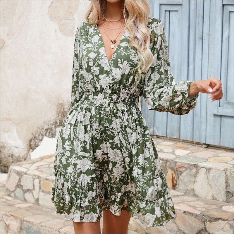 Bohemia Beach-Bear Ress French Sexy Deep V-Neck Floral Print Skimming Ваканционни рокли за жени