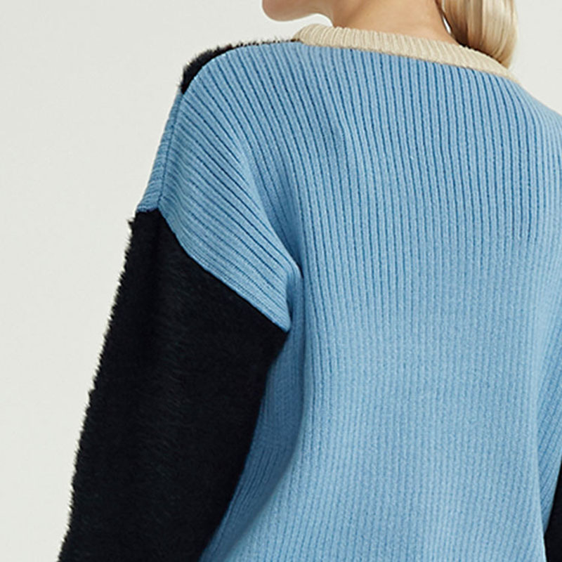 Вижте по -голямо изображение Добавете за сравнение Споделете есента зима по поръчка италиански дизайнер Contrast Color Loose Fit Crew Neck Pure Pull Over Cashmere Ploater for Women