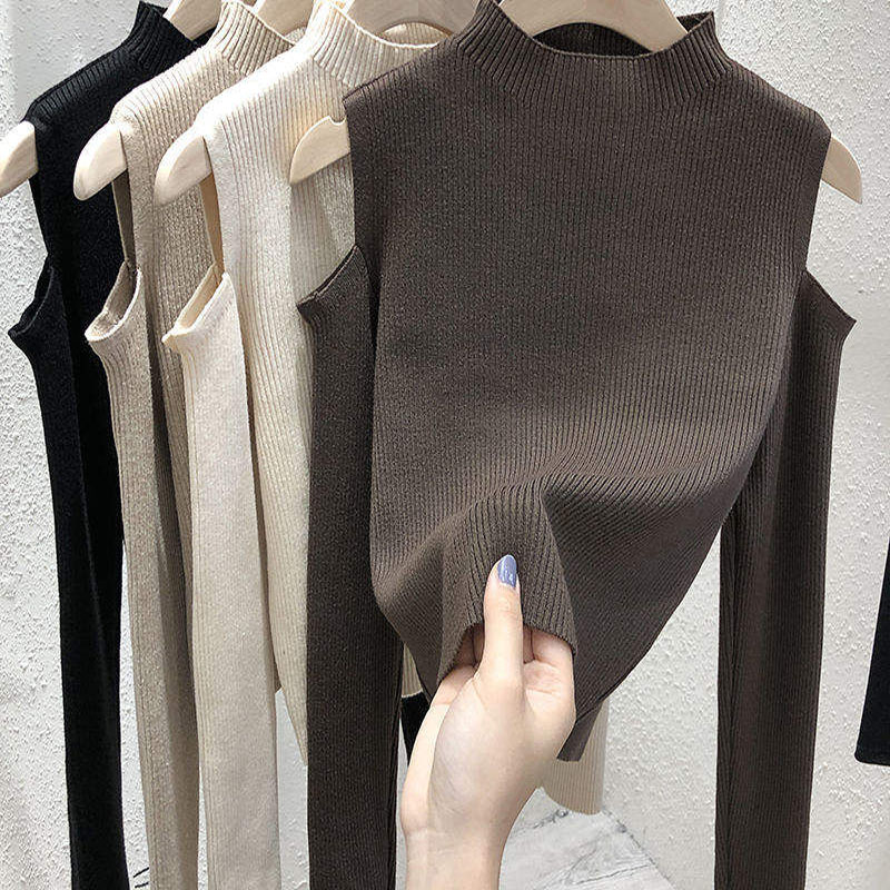 2023 Нова мода жени Зимен пуловер Корейски солиден цвят извън рамото с дълъг ръкав от основен пуловер с риза