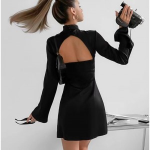 Нов стилен стойка яка тънка дълъг ръкав отворен гръб къса рокля