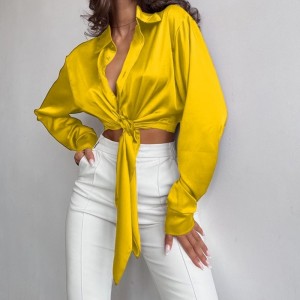 Небрежен копринен сатен текстура ревера с дълги ръкави