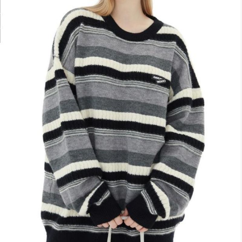 Пуловер кръгла шия с дълъг ръкав плетен райета пуловер за мъже и жени