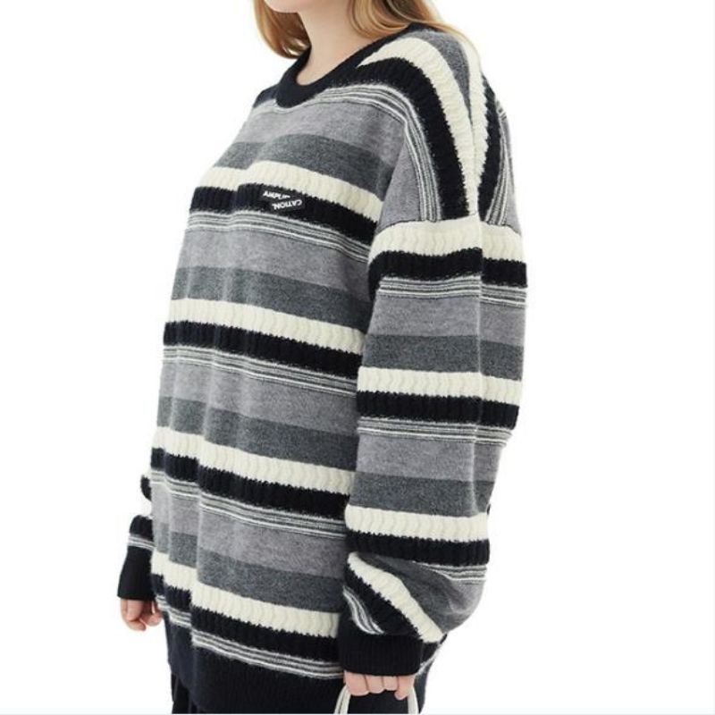 Пуловер кръгла шия с дълъг ръкав плетен райета пуловер за мъже и жени