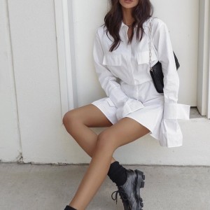 Френска бяла рокля с талия и маншети и дълги раздели за жени 2023 Нова дизайнерска талия и твърд цвят пола с дълги ръкави