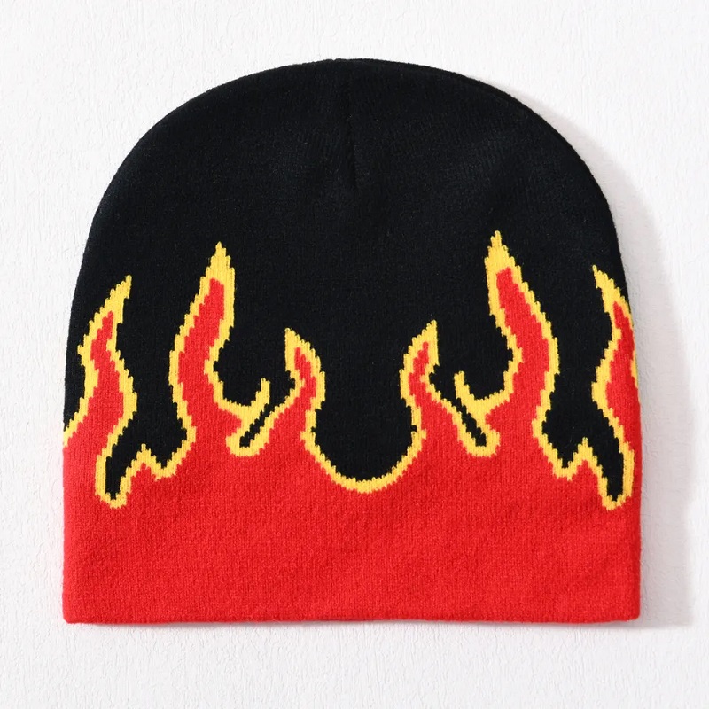 Търговия на едро череп ски акрилна плетена шапка Хип -хоп маншет през целия печат дизайн персонализиран лого Unisex Winter Jacquard Flame Beanie