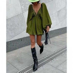 Ретро дизайн Небрежен вятър v-образен вестник Блуза Блуза Есен нов фенер ръкав с висока талия темперамент рокля женска жена