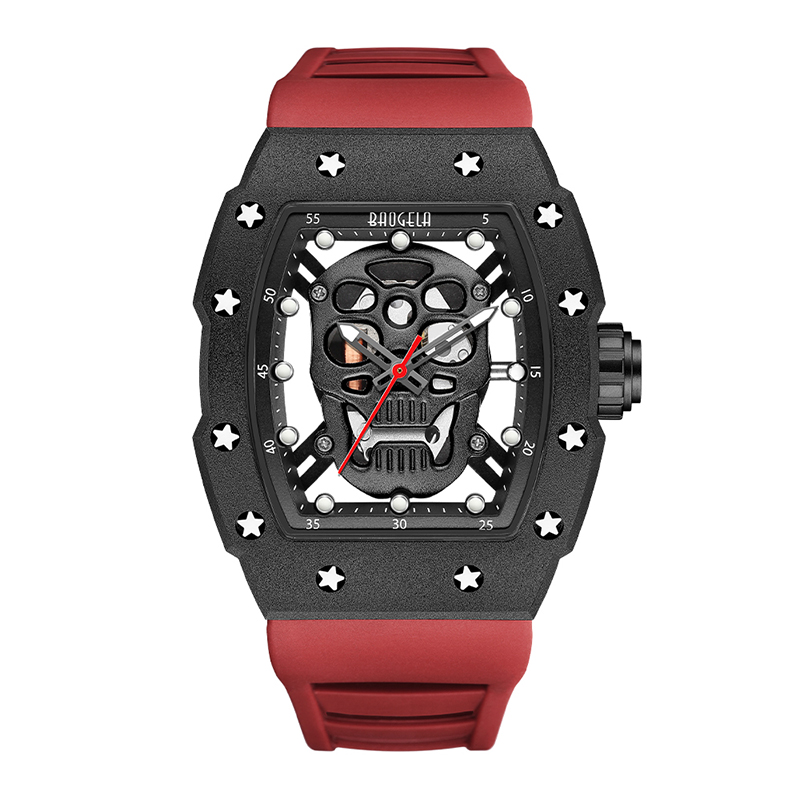 Baogela Skull Tonneau Watch Top Brand Quartz от неръждаема стомана часовници водоустойчив творчески часовник Силиконов каишка за китката Роза 4141