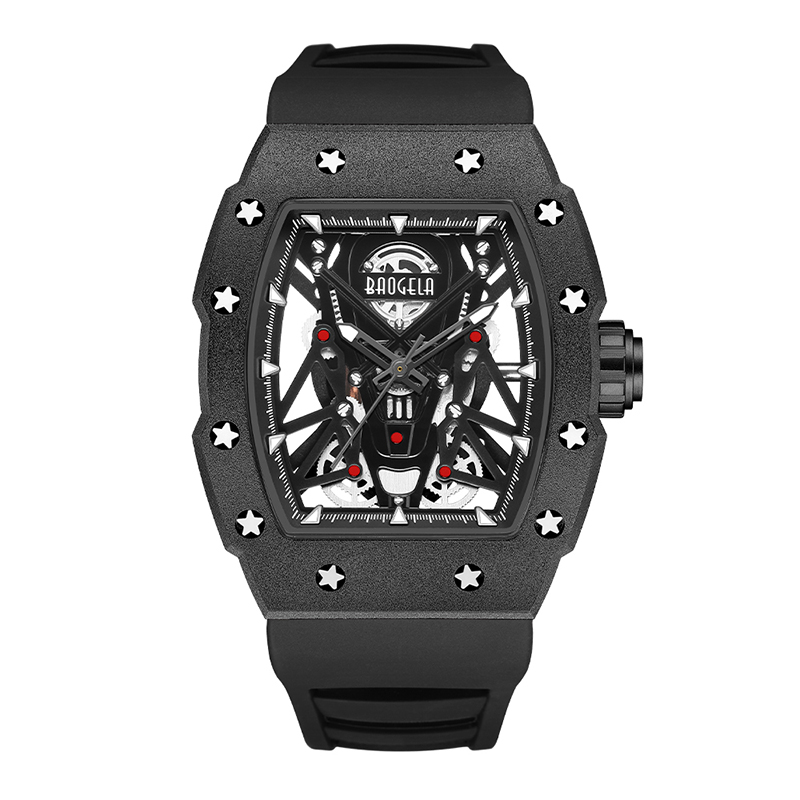 Baogela Silver Black Sport Quartz Watch for Men Tonneau Dial Analog Waterwoof Whistwatch със силиконова каишка светещи ръце 4145