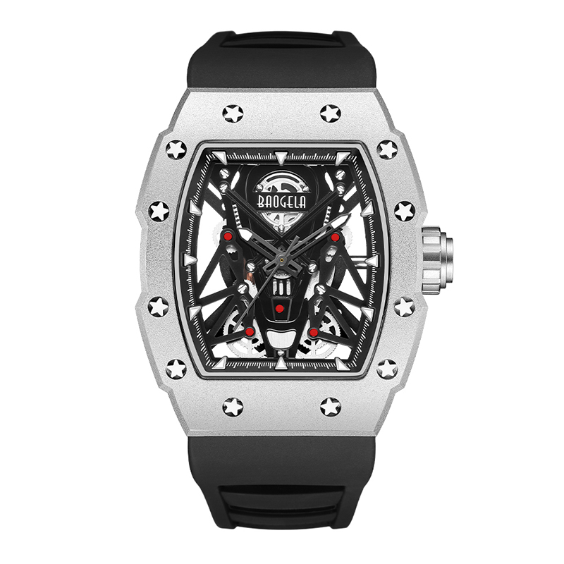 Baogela Silver Black Sport Quartz Watch for Men Tonneau Dial Analog Waterwoof Whistwatch със силиконова каишка светещи ръце 4145