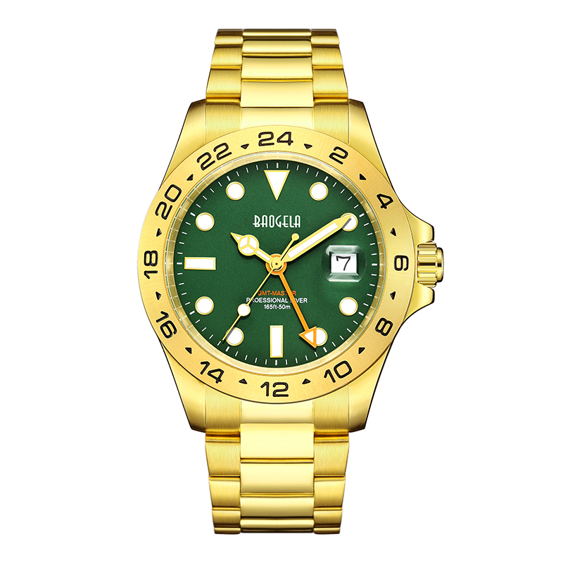 Baogela New Men Луксозен часовник 304 Светено набиране от неръждаема стомана 50 м гмуркане Модни двойки спортни часовници Wristwatch Gold Green 22806