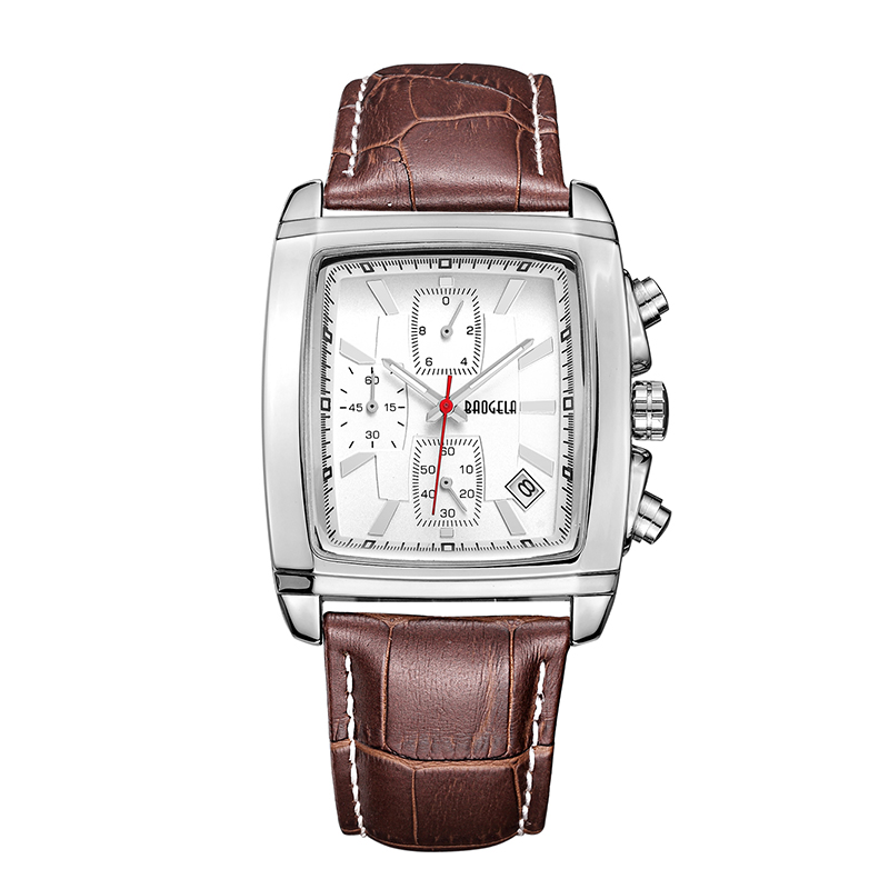 Baogela Rectangle Dial Leath Crap Watch for Men Небрежно син хронограф Кварцов часовници Човек Wristwatch Montre reloj чasы MUжSK 22607