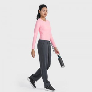 SC10271 Дишаща йога реколта горна фитнес тежка тениска с дълъг ръкав с тениски с кръгли деколте