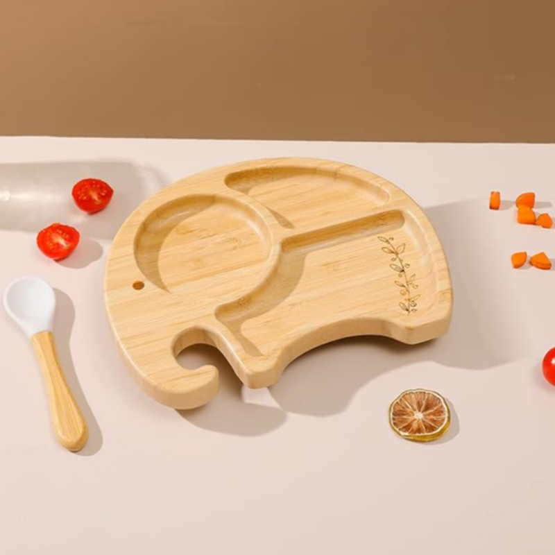 Бамбуково слонова плоча купа и лъжица комплект за деца деца деца, смукателна чиния
