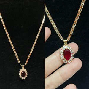Колие Royal Ruby Halo с диамант & Розови сапфирски акценти на 14K златна верига