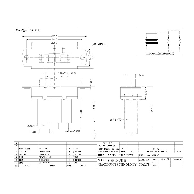 Slide Switch SS23L16 Дълъг щифт превключвател Медицинско оборудване Индустриално оборудване с висок ток Превключвател три-Поставете плъзгащ се превключвател