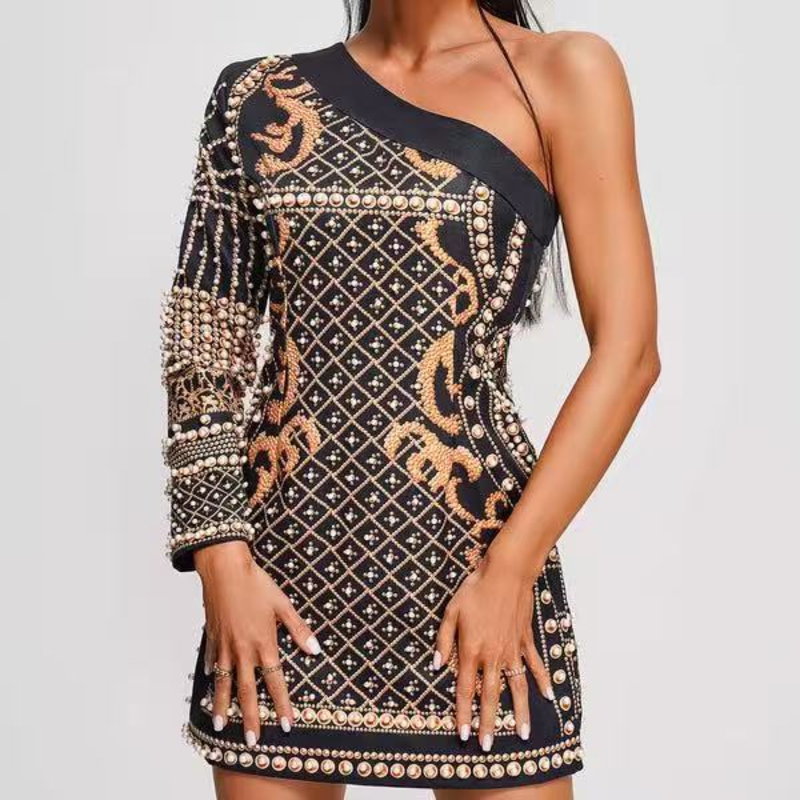 Лятна джакард плетен наклонен рамен с дълъг ръкав, мъниста тънки рокли