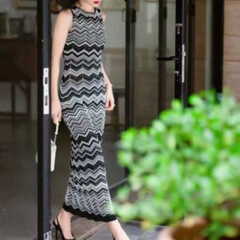 Летен плетен кръгъл врат с дълъг ръкав Интеркултор Кардиган, V-Шия без ръкави с дълъг плетен райета рокля