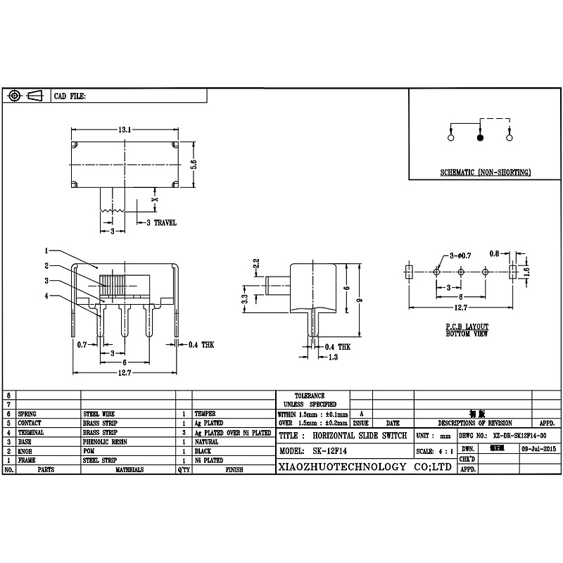 Slide Switch SK12F14 страна-Издърпайте хоризонтален превключвател, лампа на тавана-Издърпайте плъзгащ се превключвател, единичен-Ред 3-ПИН Вертикален плъзгащ се превключвател