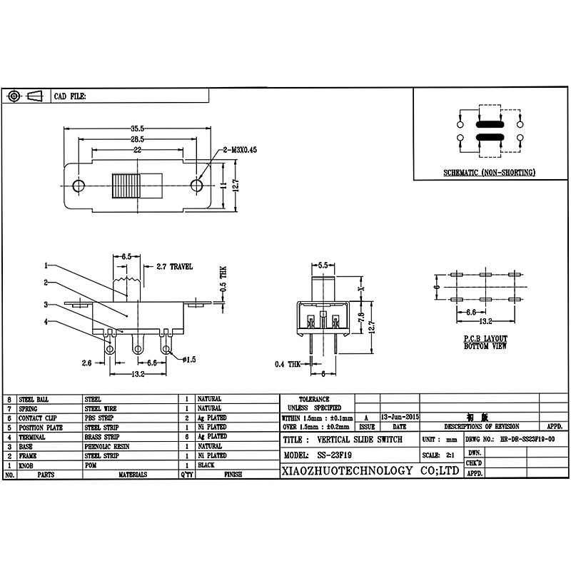 Slide Switch SS23F19, двойно-Ред 6-щифт три-Превключвател за плъзгане на позиция, превключвател за плъзгане на DVD за навигация на автомобила